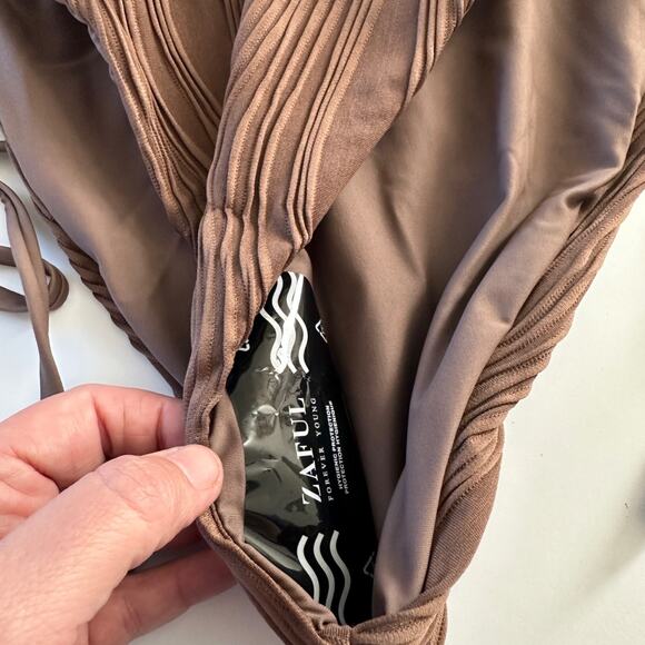 zaful brown bikini set size large textured push up top tie side bottoms nwt - Picture 3 of 8